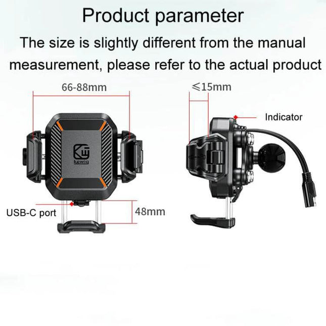 Kewig Outdoor Riding Phone Mount With Qi Wireless Charger showing dimensions, USB-C port, indicator and clamp for 5.4–7.2 inch phones