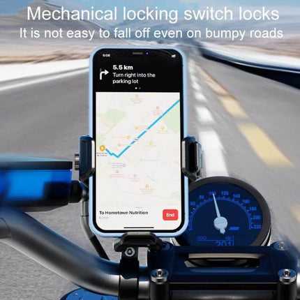 Kewig Outdoor Riding Phone Mount With Qi Wireless Charger holding phone with navigation on motorcycle handlebars, weatherproof charging and secure mechanical lock