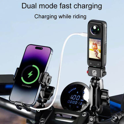 Kewig Outdoor Riding Phone Mount With Qi Wireless Charger mounted on motorcycle handlebar showing charging phone and action camera, weatherproof port protection