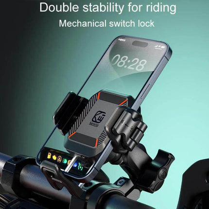 Kewig Outdoor Riding Phone Mount With Qi Wireless Charger mounted on bike handlebar holding phone, weatherproof Qi charging and lock