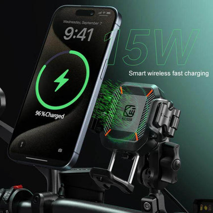 Kewig Outdoor Riding Phone Mount With Qi Wireless Charger mounted on bike handlebar showing 15W smart wireless fast charging with phone at 96% charged