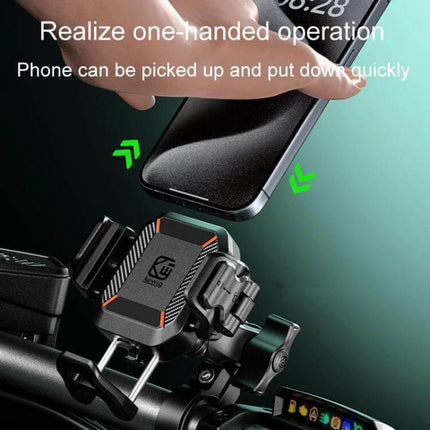 Kewig Outdoor Riding Phone Mount With Qi Wireless Charger mounted on bike handlebar showing one-handed phone placement and secure weatherproof grip