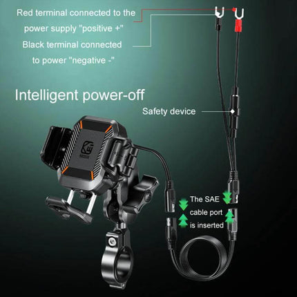 Kewig Outdoor Riding Phone Mount With Qi Wireless Charger showing handlebar mount, SAE cable, safety device and red/black power terminals