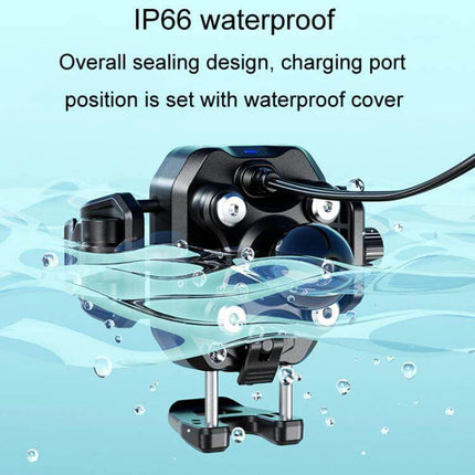Kewig Outdoor Riding Phone Mount With Qi Wireless Charger shown mounted with IP66 waterproof sealed charging port cover and cable