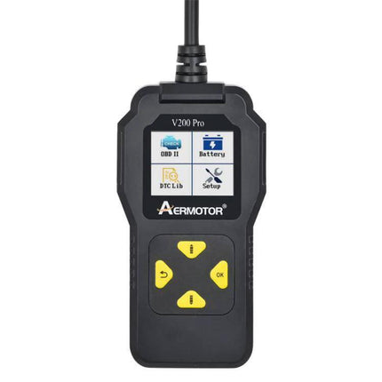 Aermotor Tool for Everyday Vehicle Diagnostic Checks handheld OBD2 reader with screen and yellow buttons for reading and clearing codes