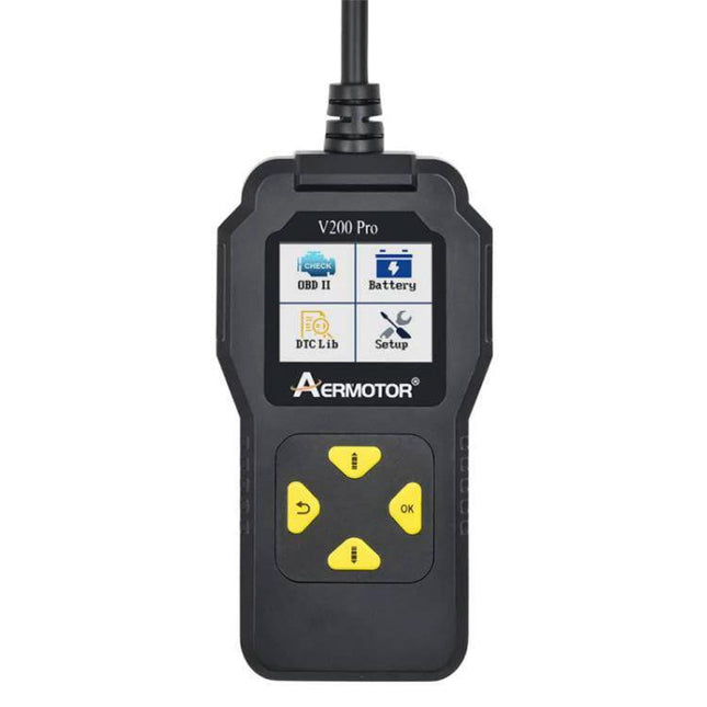 Aermotor Tool for Everyday Vehicle Diagnostic Checks handheld OBD2 reader with screen and yellow buttons for reading and clearing codes