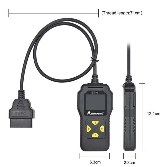 Aermotor Tool for Everyday Vehicle Diagnostic Checks handheld OBD-II code reader with cable and yellow control buttons