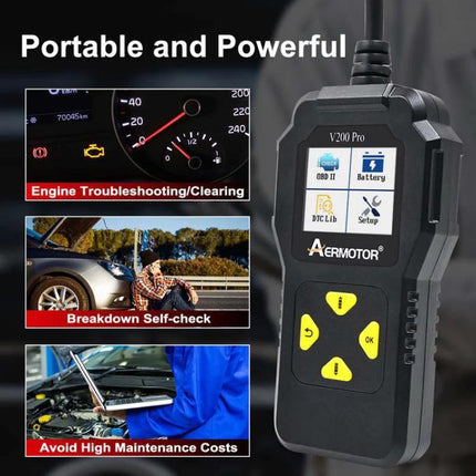 Aermotor Tool for Everyday Vehicle Diagnostic Checks handheld OBD2 scanner showing screen and buttons for engine troubleshooting and code clearing