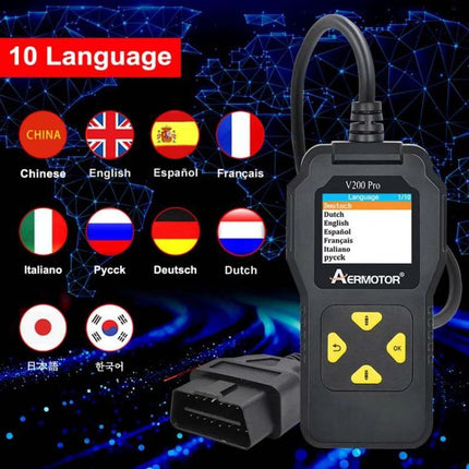 Aermotor Tool for Everyday Vehicle Diagnostic Checks handheld OBD2 code reader showing multilingual menu and connector