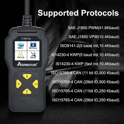 Aermotor Tool for Everyday Vehicle Diagnostic Checks handheld OBD2 code reader displaying supported protocols and menu