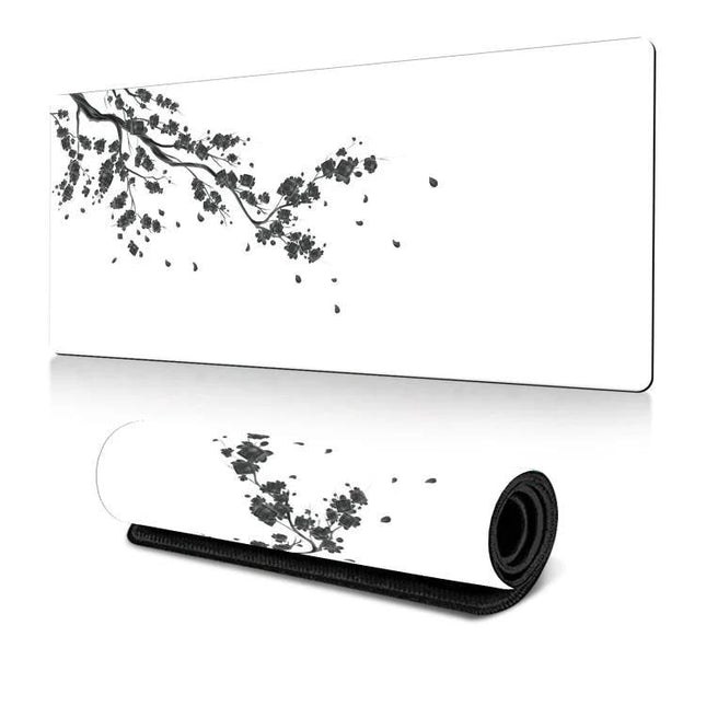 Ink Painting Cherry Blossom Non-Slip Rubber Mouse Pad Desk Mat with black ink blossom branch, micro-fine cloth top and non-slip rubber base for gaming and office