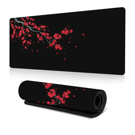 Ink Painting Cherry Blossom Non-Slip Rubber Mouse Pad Desk Mat showcasing red cherry blossom ink painting on black micro-cloth surface, non-slip rubber base for gaming and office