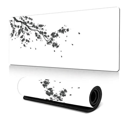 Ink Painting Cherry Blossom Non-Slip Rubber Mouse Pad Desk Mat with black ink blossom branch on white micro-cloth surface, non-slip rubber base for gaming and office use