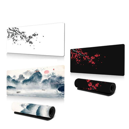Ink Painting Cherry Blossom Non-Slip Rubber Mouse Pad Desk Mat showcasing black and red cherry blossom ink painting on a large non-slip rubber desk mat