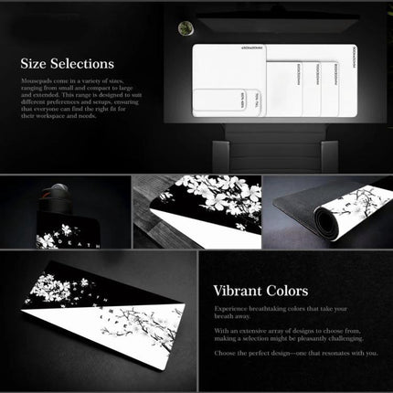 Ink Painting Cherry Blossom Non-Slip Rubber Mouse Pad Desk Mat showcasing black-and-white cherry blossom ink painting on extended non-slip desk mat