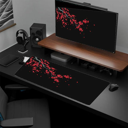 Ink Painting Cherry Blossom Non-Slip Rubber Mouse Pad Desk Mat showing black desk mat with red cherry blossom ink painting, non-slip rubber base, micro-fine cloth top