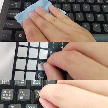 Laptop Keyboard Stickers for Ukrainian, Turkish, and More Languages shown being cleaned, peeled and applied to laptop keys for language customization
