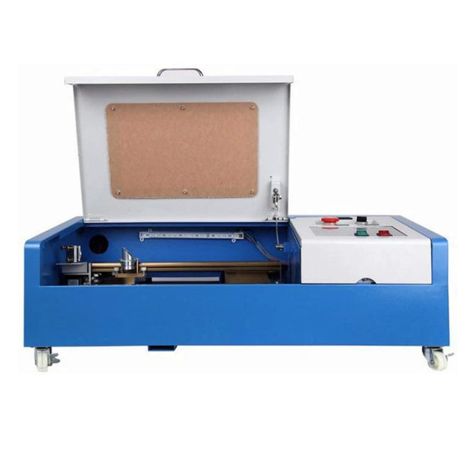 Compact CO2 Laser Engraver for Wood and Leather Crafting with open lid showing 12 x 8 working area and control panel