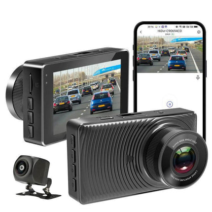 Dual Camera Driving Recorder with WiFi and Rear View Assistance showing front and rear dash cams, built-in screen and smartphone app