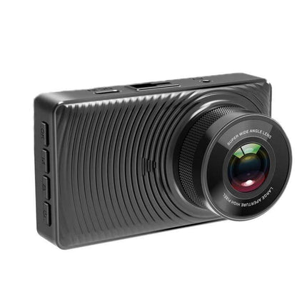 Dual Camera Driving Recorder with WiFi and Rear View Assistance – black wide‑angle front dash camera with lens and textured body