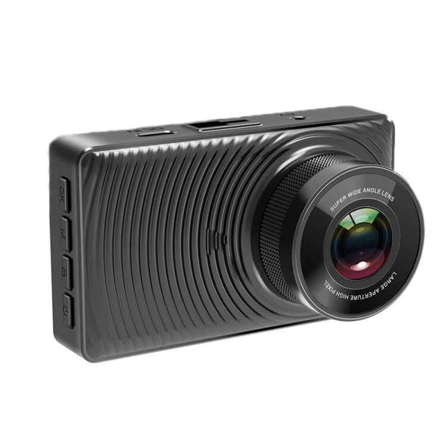 Dual Camera Driving Recorder with WiFi and Rear View Assistance – black wide‑angle front dash camera with lens and textured body