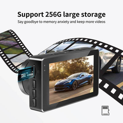 Dual Camera Driving Recorder with WiFi and Rear View Assistance showing device screen, 256G support and SD card slot