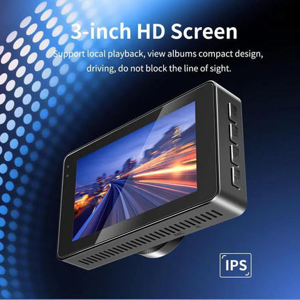 Dual Camera Driving Recorder with WiFi and Rear View Assistance showing 3-inch HD screen and 170° wide-angle lens for front and rear coverage