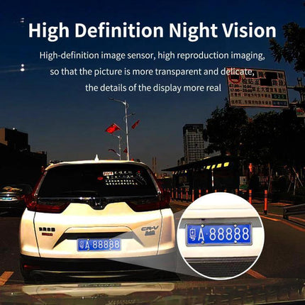 Dual Camera Driving Recorder with WiFi and Rear View Assistance showing clear night-vision rear footage and readable license plate