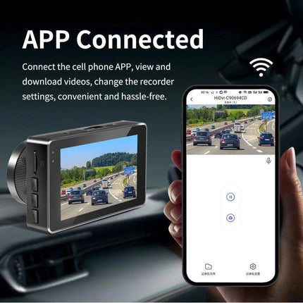 Dual Camera Driving Recorder with WiFi and Rear View Assistance showing dashcam and mobile app connected via WiFi