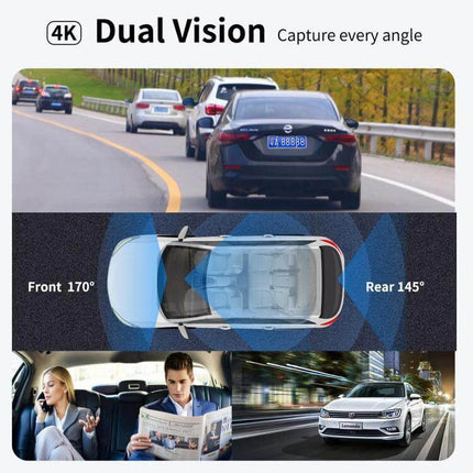 Dual Camera Driving Recorder with WiFi and Rear View Assistance showing front 170° and rear 145° coverage, 4K dual vision capture for road and parking