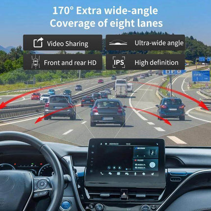 Dual Camera Driving Recorder with WiFi and Rear View Assistance showing 170° ultra-wide front and rear coverage inside a car with screen app preview
