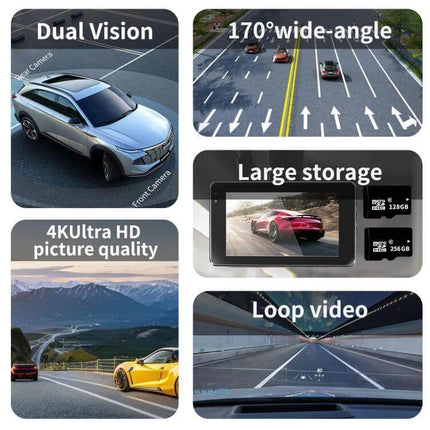 Dual Camera Driving Recorder with WiFi and Rear View Assistance showing dual vision, 170° wide-angle, 4K quality, loop video and large storage