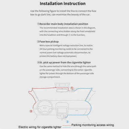 Dual Camera Driving Recorder with WiFi and Rear View Assistance installation diagram showing wiring, fuse box pickup and cigarette lighter power routing