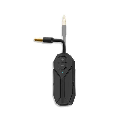 2-In-1 Car Bluetooth Audio Receiver And Transmitter compact black adapter with 3.5mm plugs, volume buttons and USB-C charging indicator