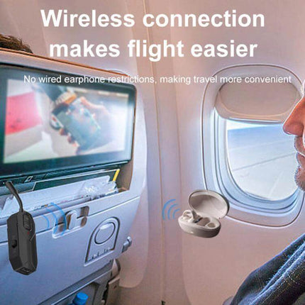 2-In-1 Car Bluetooth Audio Receiver And Transmitter shown in airplane connecting wireless earbuds to in-flight screen