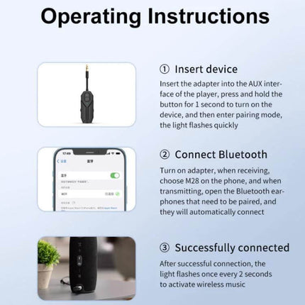 2-In-1 Car Bluetooth Audio Receiver And Transmitter showing operating instructions and pairing steps with phone and AUX insert