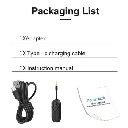 2-In-1 Car Bluetooth Audio Receiver And Transmitter packaging list showing adapter, USB-C charging cable, and user manual