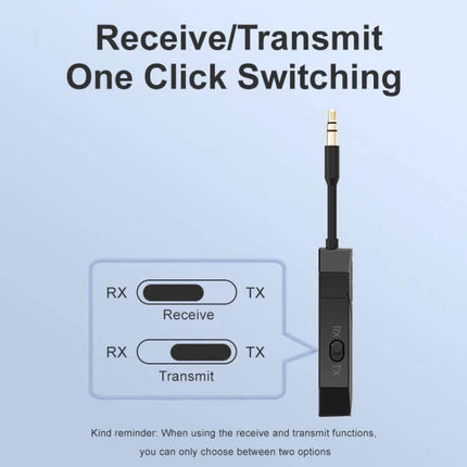 2-In-1 Car Bluetooth Audio Receiver And Transmitter showing RX/TX one-click switch, 3.5mm plug and compact black adapter with power display