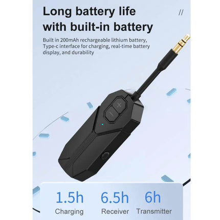 2-In-1 Car Bluetooth Audio Receiver And Transmitter showing compact black adapter with 3.5mm plug, battery display and mode icons