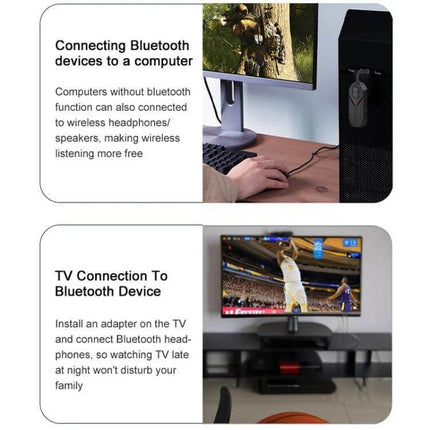 2-In-1 Car Bluetooth Audio Receiver And Transmitter showing TX/RX use connecting computer and TV for wireless headphones and speakers