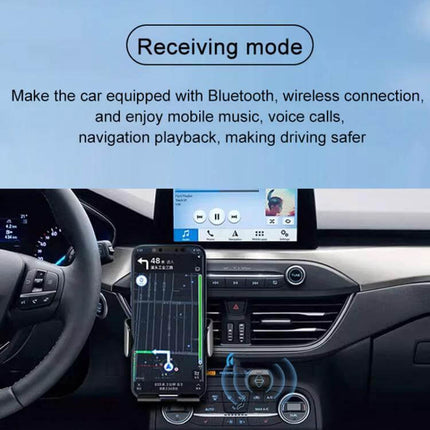 2-In-1 Car Bluetooth Audio Receiver And Transmitter shown in receiving mode in a car dashboard streaming navigation and music to phone and speakers