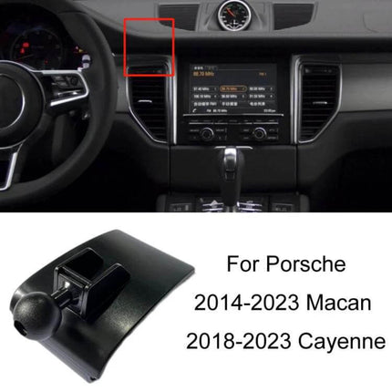 Porsche Car Phone Mount For Dashboard Clip On Holder - black plastic clip-on mount shown installed on Porsche Macan/Cayenne dashboard