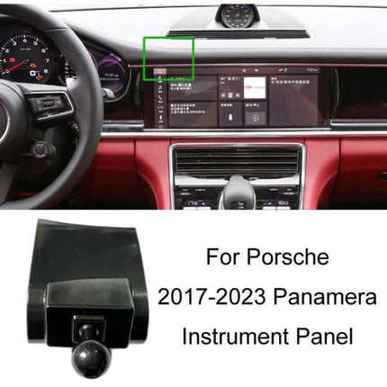 Porsche Car Phone Mount For Dashboard Clip On Holder secured on Panamera instrument panel, compact clip-on dashboard phone holder