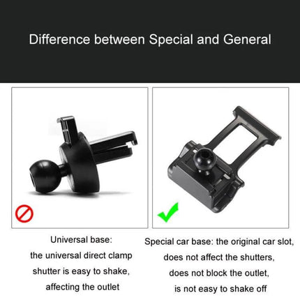 Left-Drive Car Dashboard Phone Holder for MG Models showing special car base vs universal base, clip-on original card position, stable on dashboard