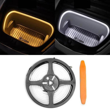 Tesla Front Trunk Welcome Light Bar For Model Three And Y showing warm 3000K and cool white frunk illumination with LED strip and installation tool