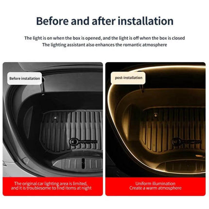 Tesla Front Trunk Welcome Light Bar For Model Three And Y showing before and after frunk illumination with warm 3000K uniform glow, 245cm