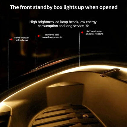 Tesla Front Trunk Welcome Light Bar For Model Three And Y glowing 3000K warm LED strip installed in frunk showing uniform soft illumination