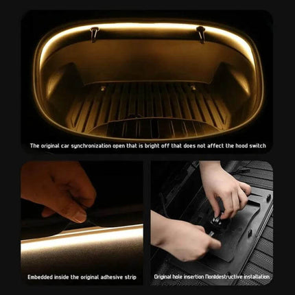 Tesla Front Trunk Welcome Light Bar For Model Three And Y - 3000K warm LED frunk illumination, 245cm, uniform soft glow for night loading