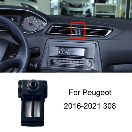 Peugeot Car Phone Holder Mount Dashboard Or Air Outlet Clip clipped to Peugeot 2016-2021 308 air vent showing secure hands-free phone mount