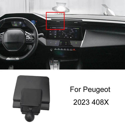 Peugeot Car Phone Holder Mount Dashboard Or Air Outlet Clip securely attached to Peugeot 2023 408X dashboard and vent, durable plastic clip-on phone mount